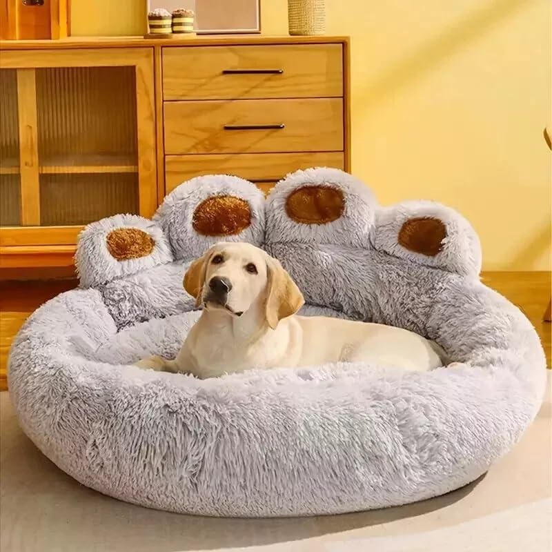click2style Plush Paw-Shaped Dog Bed, Soft Fluffy Pet Sofa, Anti Slip Round Donut Cushion for Dogs, Grey/Brown/Beige (Light Grey, Large: 70 x 70 cm)