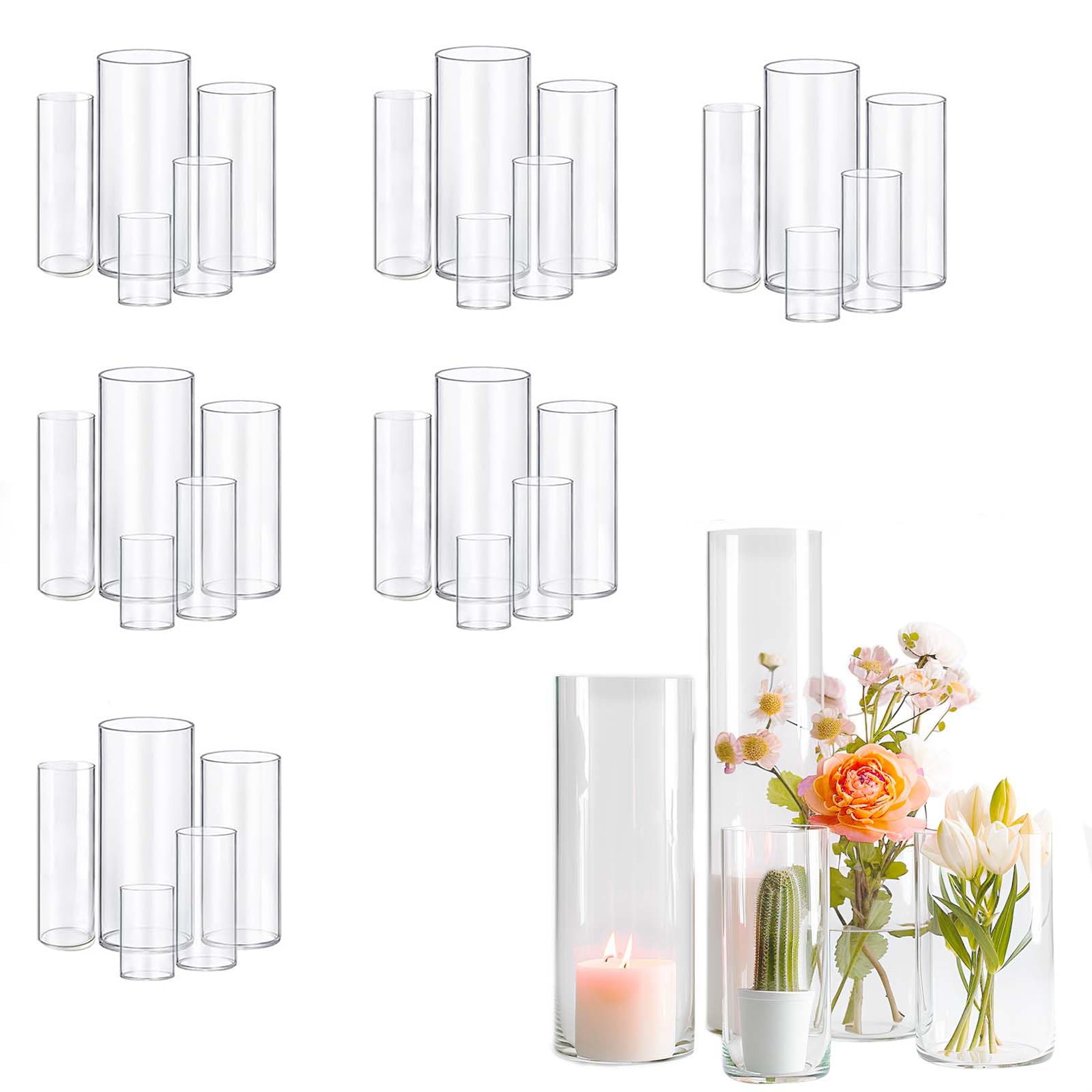 Set di 30 vasi cilindrici in vetro per decorazioni, ideali per decorazioni di matrimoni (30, 10+15+19+20+25 cm)
