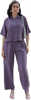 TITTLI Women Rayon Co-Ord Set | Wrinkle Fabric Crop Shirt and Trouser Set | Collar Neck Half Sleeve Elasticated Waist | Ca... Price In India