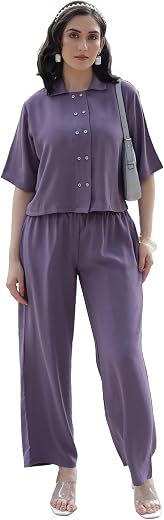 TITTLI Women Rayon Co-Ord Set | Wrinkle Fabric Crop Shirt and Trouser Set | Collar Neck Half Sleeve Elasticated Waist | Ca...