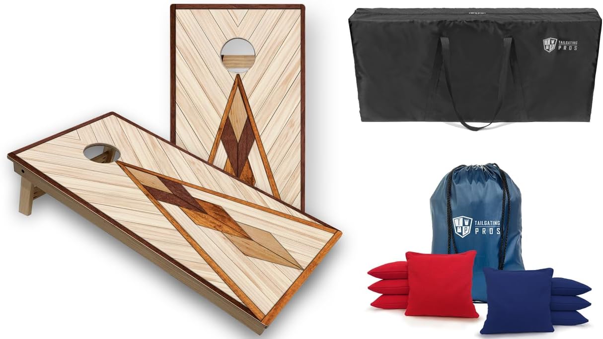 Tailgating Pros Tournament Cornhole Boards - 4'x2' Wooden Pattern Designs Corn Hole Game with Carrying Case & Set of 8 All Weather Bean Bags w/Tote