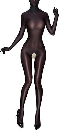 Womens Glossy Oil See-Through Hooded Full Bodysuit Zentai Costume Jumpsuit Sheer Bodystocking