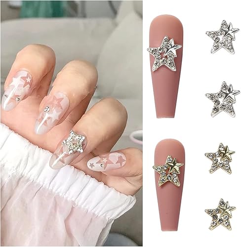 Miniatura 6 de 20 dijes de aleación brillante con estrellas de metal 3D, gemas de uñas, diamantes de imitación de uñas de cristal plateado dorado brillante para