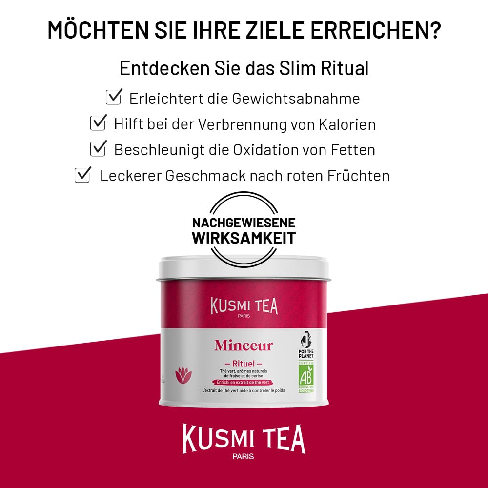Kusmi Tea - Slim Ritual - Schlankheitstee - Angereichert mit Grüntee-Extrakt - Erleichtert die Gewichtsabnahme - Erdbeere und Kirsche - Loser Tee - 100 g Metalldose für etwa 50 Tassen