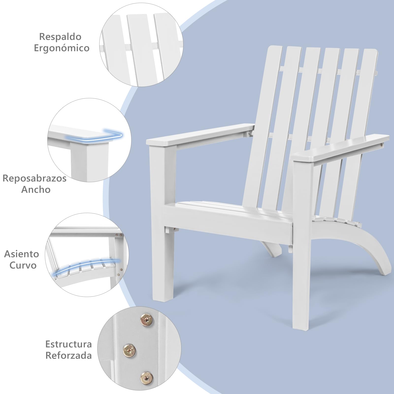 GOPLUS Silla Adirondack de Madera de Acacia, Silla de Jardín con Respaldo y Reposabrazos, Sillón Ergonómica para Terraza Piscina Patio Playa, 68x73x86CM, Carga hasta 160KG (Blanco)