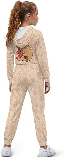 Kids Girls 2 Piece Outfits Crop Tops Hoodies Long Sleeve Sweatshirts and Jogger Sweatpants Fall Winter Sweatsuit(Capybara,10-11 Years)