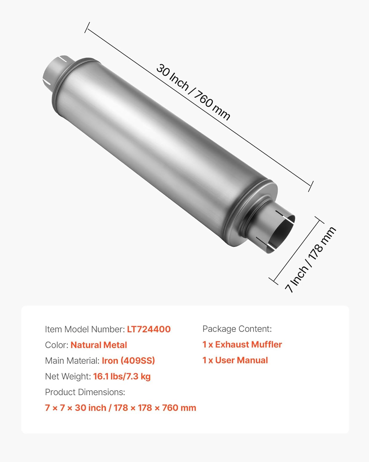 VEVOR Exhaust Muffler, 4 Inch Inlet & Outlet, 30 Inch Overall Length Stainless Steel Exhaust Tip, Universal Resonator Round Body, High Performance for Trucks, Sedans, Sports Cars, SUVs & Daily Drivers