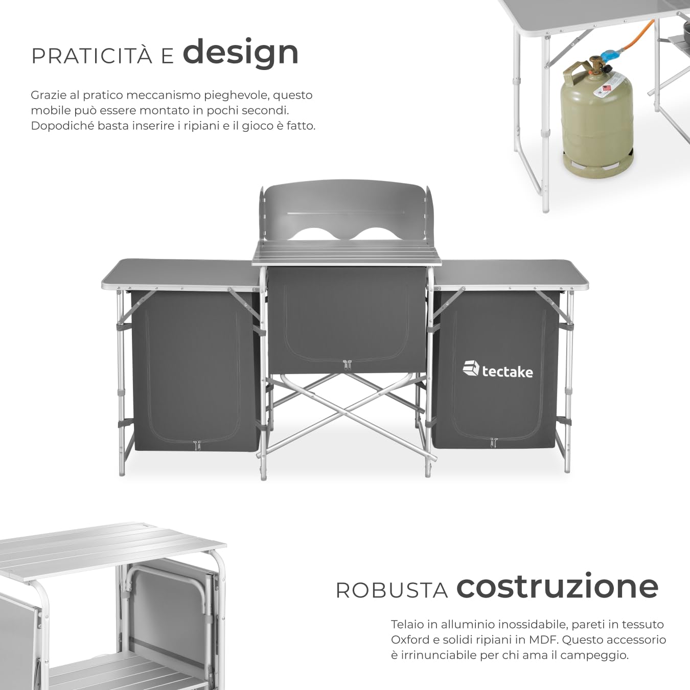 tectake® Cucina da Campeggio, Mobile da Campeggio con Piano di Lavoro e Ripiani, Cucina da Esterno Pieghevole, Idonea per Fornello a Gas, Borsa per Trasporto Inclusa
