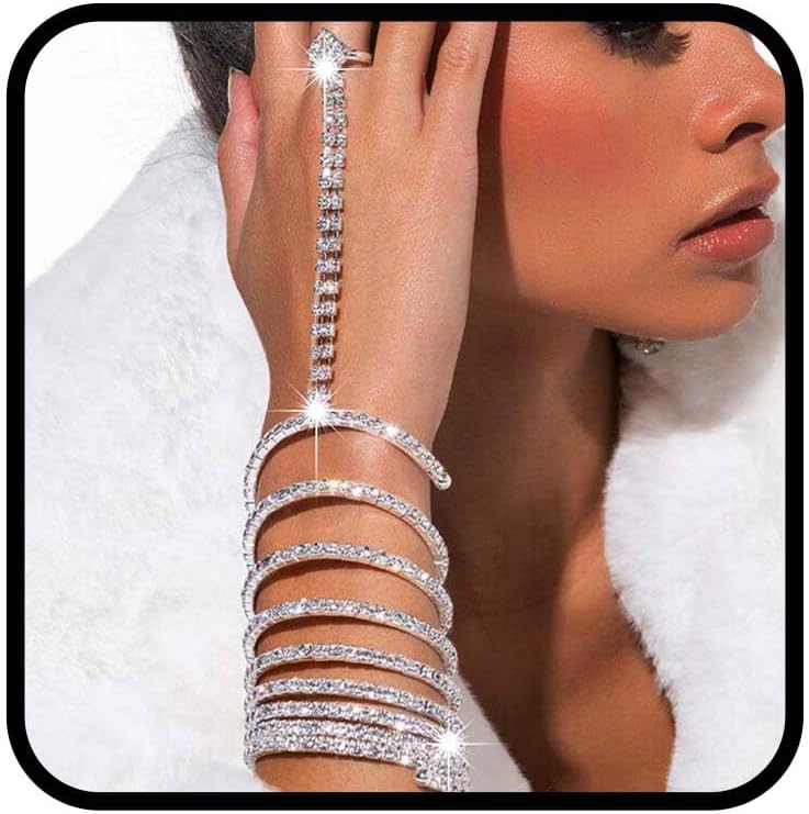 Rhinestone Ring Bracelet Silver Hand Chain Jewelry Sparkle Finger Ring Bracelets Crystal Finger Bangles for Women