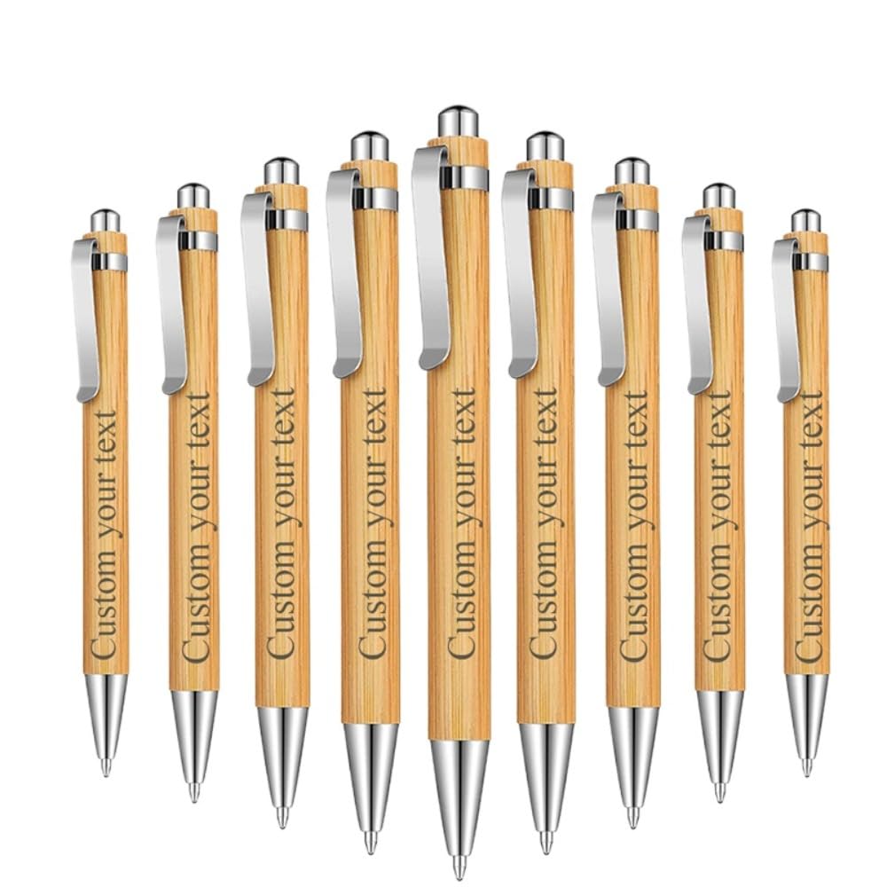Bolígrafos retráctiles de madera de bambú personalizados, bolígrafos de tinta negra grabados, con nombre personalizado, logotipo para regalos, escritura, suministros escolares de oficina (100