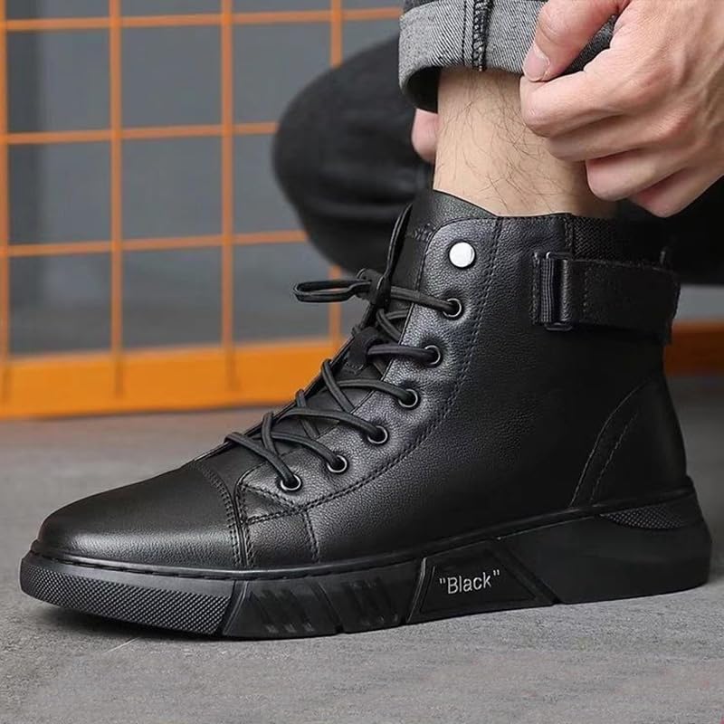 Men Casual Ltalian High-top Real Leather Boots Round Toe Side Zipper Fur Lined Warm Black Chukka Ankle Booties Shock-absorbing Softsole Business Shoe2