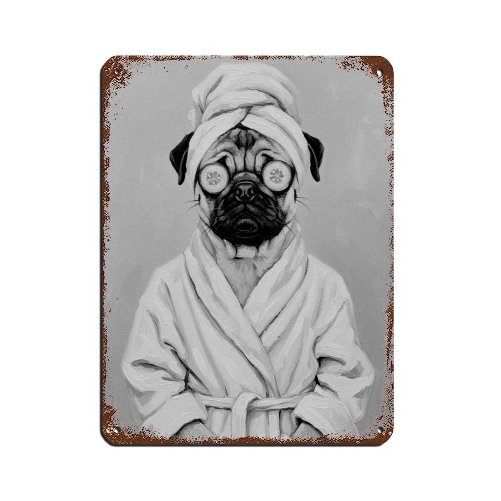 Bathroom Spa Pug Art Tin Sign Vintage Metal Pub Club Cafe Bar Home Wall Art Decoration Poster Retro 12x16inch(30x40cm)