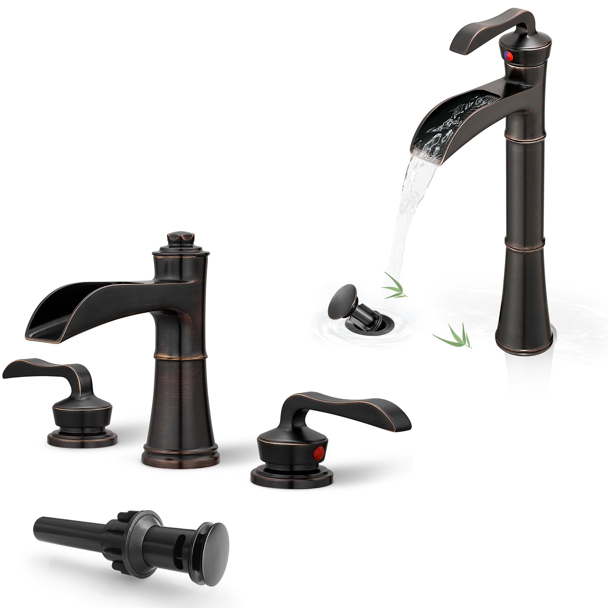 Hcfyauis Bronze Tall Vessel Sink Faucet, Oil Rubbed Bathroom Faucet Waterfall Bathroom Faucets One Hole, Brass Bath Faucets For Sink Two Handle Vanity Faucet With Drain And Supply Water Hose