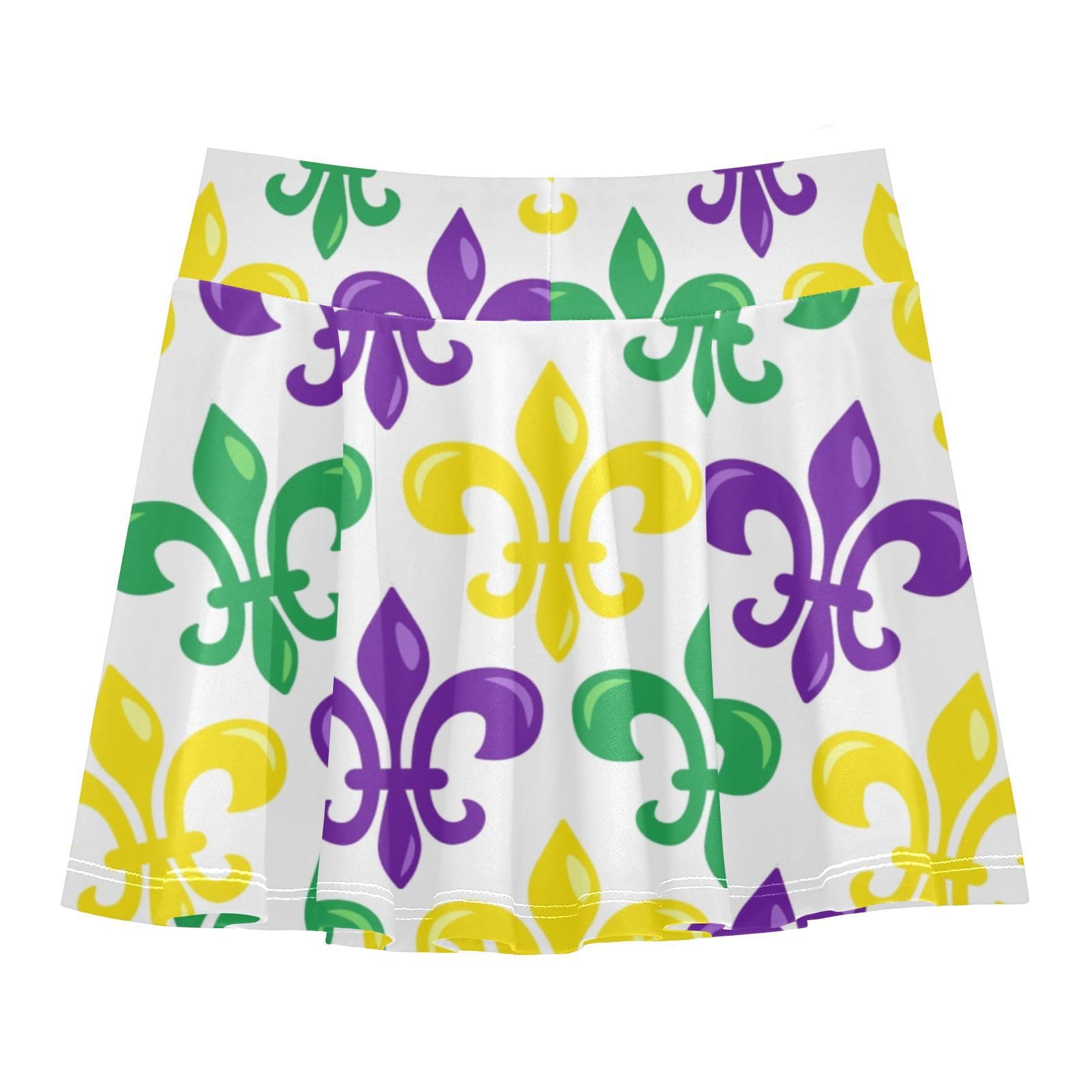 Aflyko Girls Pleated Skater Skirt Fleur De Lis Purples Yellow Green High Waist Cheerleading Dress Dance Skort with Lining Shorts Weekend Date Outfit Short Bottoms, 9-10T
