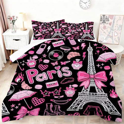 VTKON Paris Eiffel Tower Pink Comforter Set King Size Retro