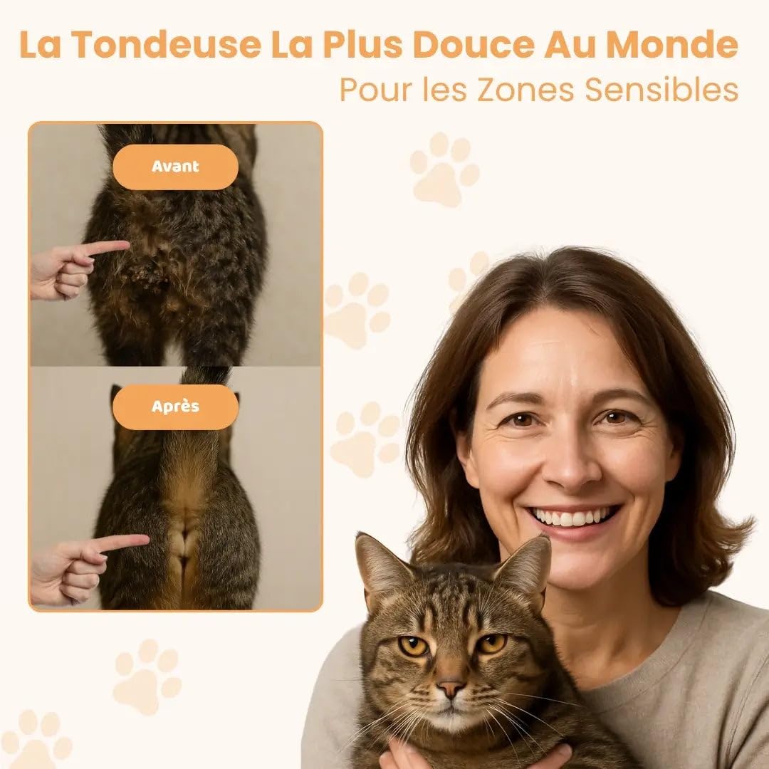 Chatinou Tondeuse de Précision pour Chat, tondeuse chat silencieuse 35db, lames douces sûres, rechargeable usb, autonomie 2h, ipx4, 120g légère, toilettage précis zones sensibles