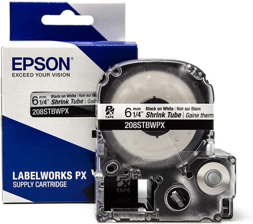 Epson LABELWORKS 208STBWPX Tape Cartridge - Black on White Shrink Tube Industrial Label Maker Tape - AWG 6-18, 1/4" (8MM) Wide, 8 ft (96")