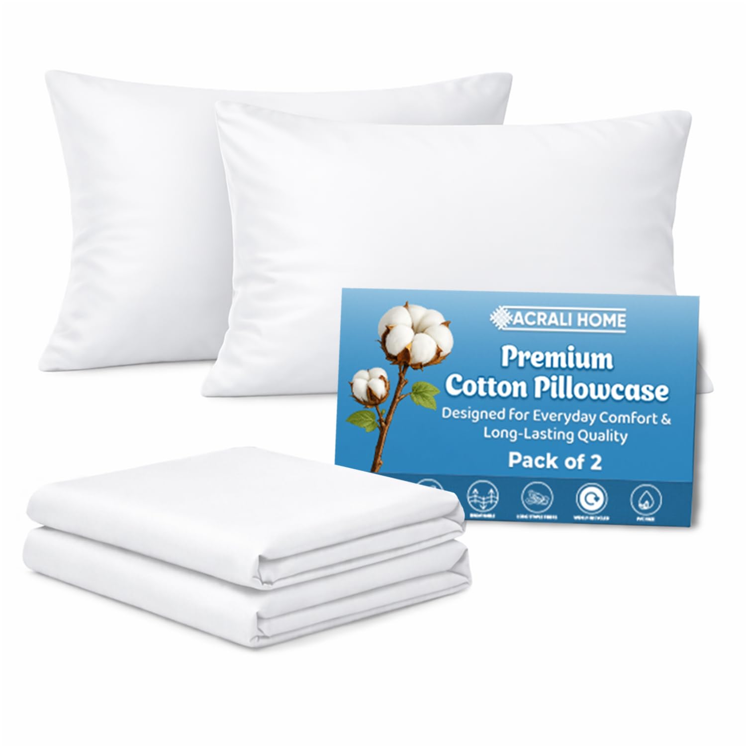 Acrali Home White Egyptian Cotton Pillow Cases 2 Pack, Standard Size 50x75 cm - 200 Thread Count - Hotel Quality Super Soft, Breathable Pillow Covers with Envelope Closure