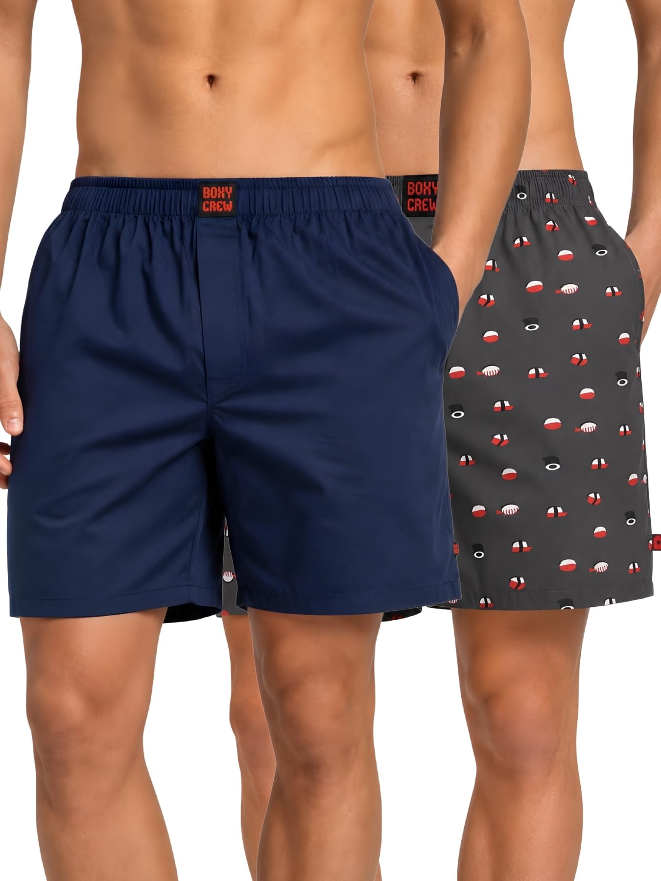 Men Boxer Shorts Pack of 2, 100% Cotton Woven Boxers, Navy Blue & Charcoal, Solid & Printed Designs, Dual Side Pockets, No-Marks Inner Elastic Waistband, Relaxed Lounge & Sleep Shorts-image-28