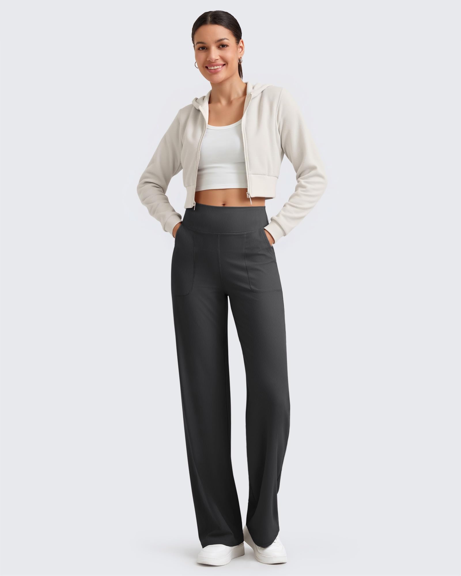 G4Free Hohe Taille Yogahose Damen Weites Bein Hose mit Taschen Gerippte Comfy Atmungsaktiv Jogginghose Leichte Freizeithose Petite/Regulär/Lang