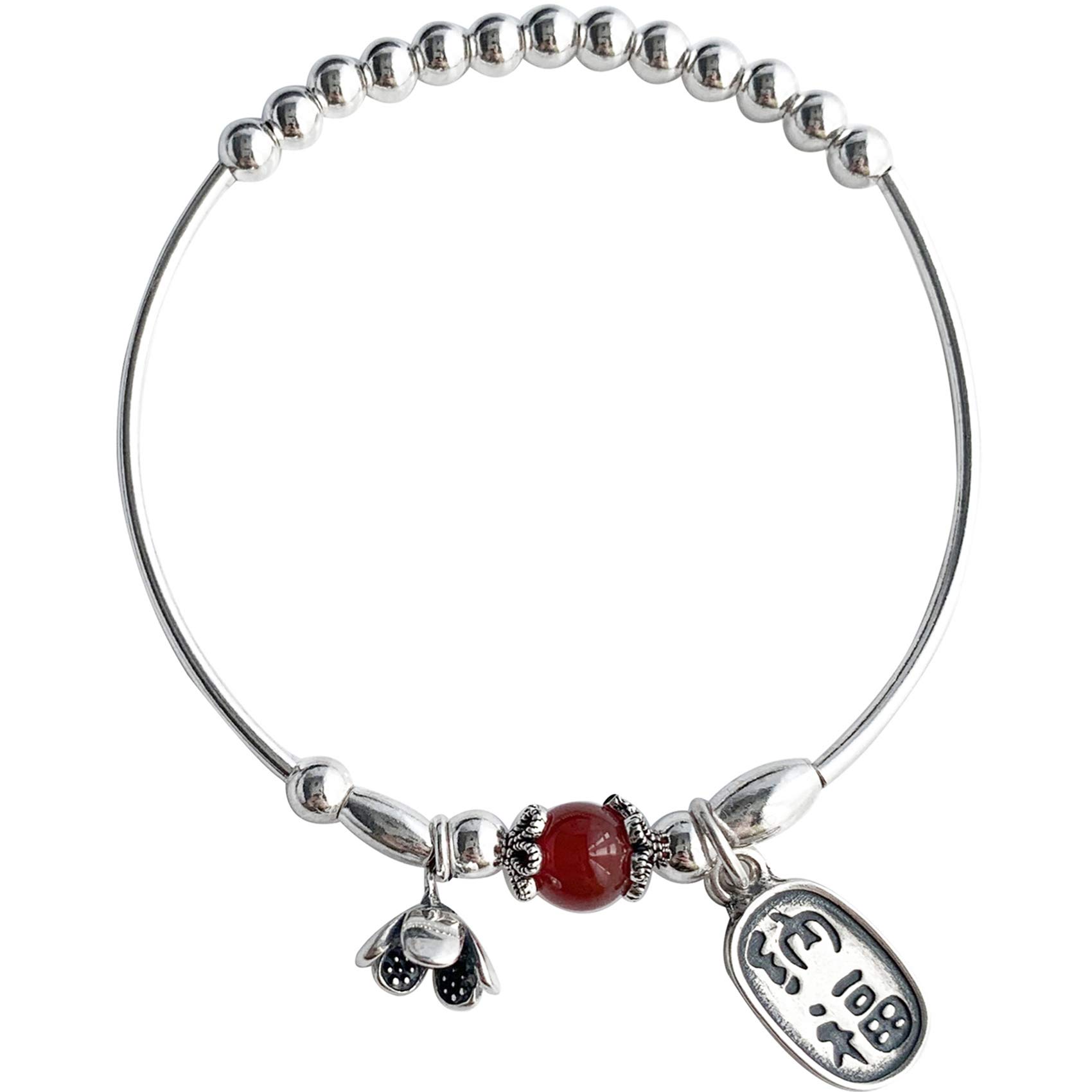 Braccialetto da donna con amuleto Feng Shui, in argento Sterling, con ciondolo in agata rossa intagliato con fiore e perline in agata rossa, braccialetto elastico talismano per prosperità, denaro