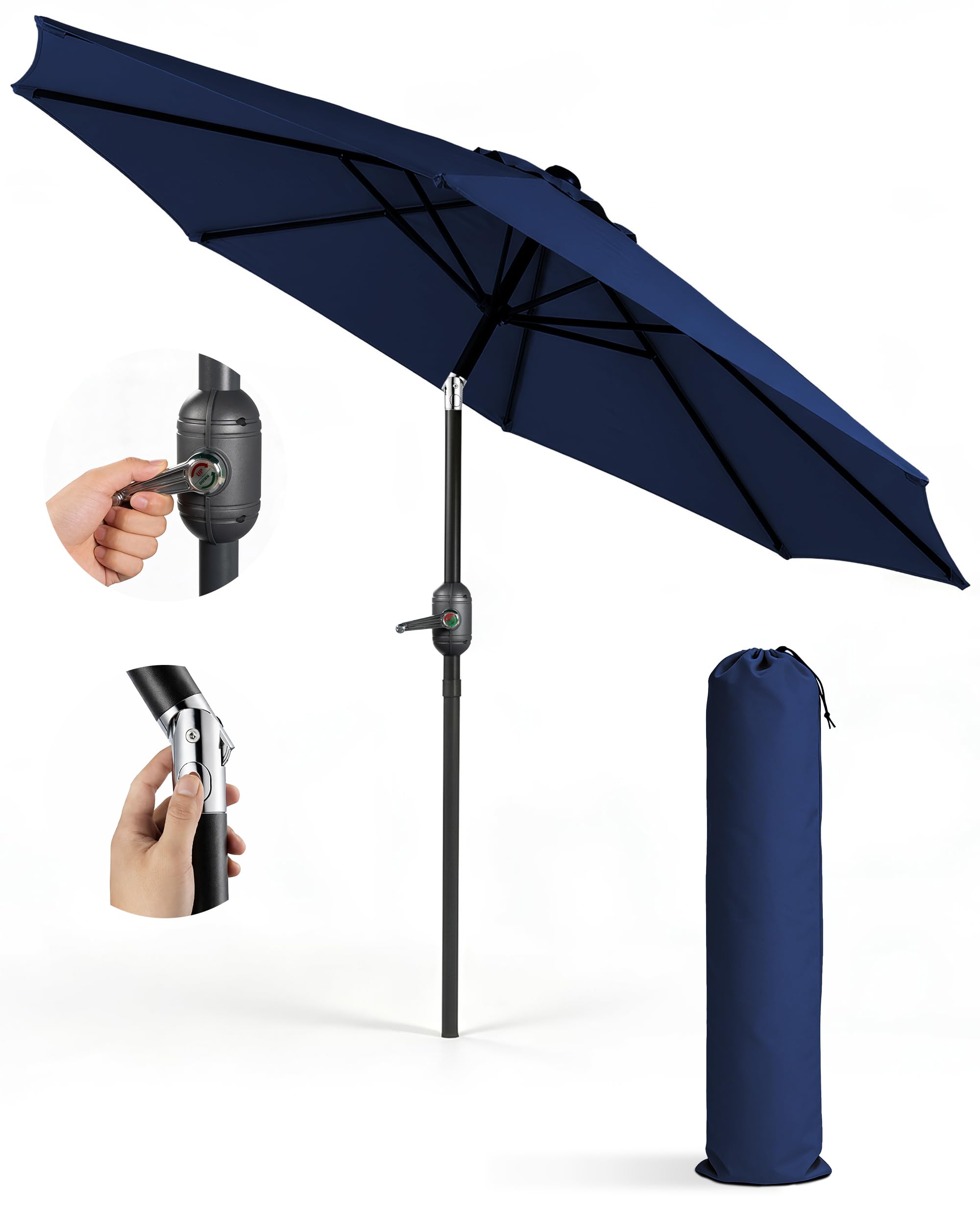 KEPLIN 2.7m Tilting Parasol – Crank & Tilt Outdoor Umbrella with Protective Cover, 180gsm UPF 50+ Polyester Canopy, Steel Frame for Patio, Garden & Balcony