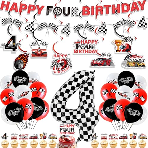 Rennauto 4. Geburtstags Deko Junge - 48 Stück Cars Geburtstag Deko mit Happy Four Birthday Banner, Renngitter Zahl 4 Ballon, Kuchendekorationen und Latexballons für Auto Kinder Party Supplies