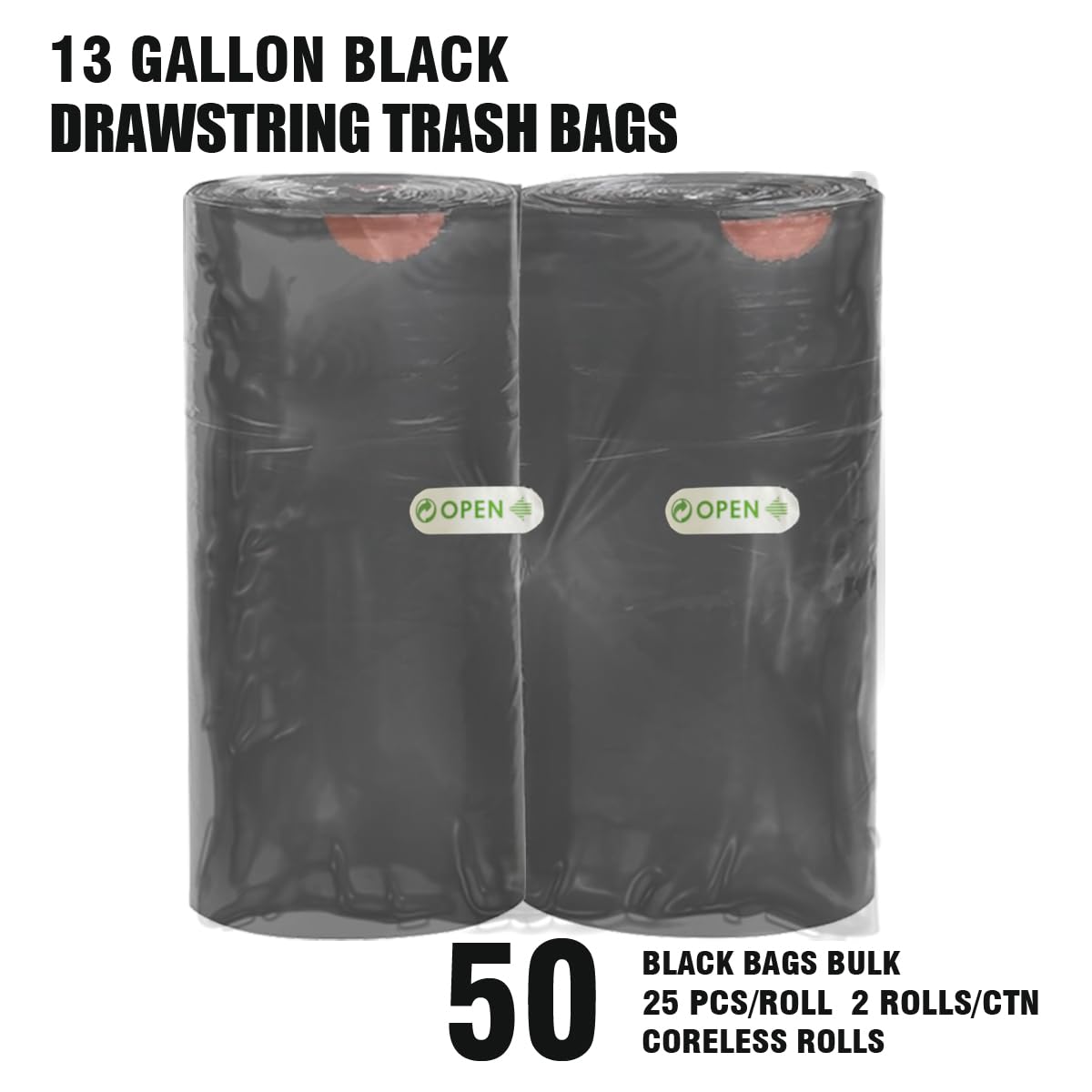 BEIDOU-PAC Bolsas de basura de 13 galones con cordón, 50 unidades a granel, bolsas de basura negras y sin perfume, bolsas de basura altas multiusos para cocina, bolsas de basura para negocios, hogar,