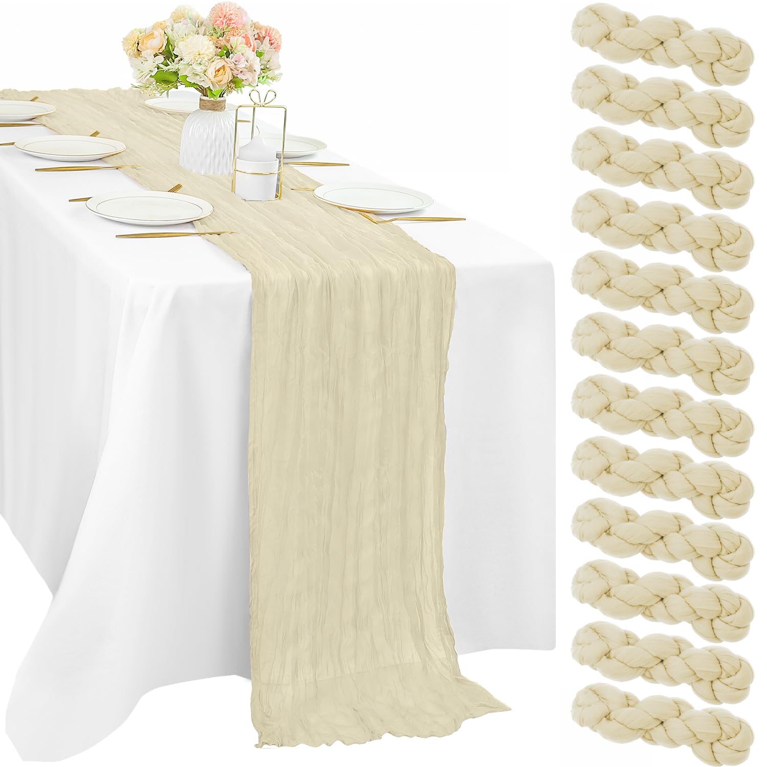 12 Pcs Beige Cheesecloth Table Runner 10FT Runner for Tables Boho Gauze Fabric Table Runner Decoration Rustic Sheer Runner for Wedding Bridal Shower