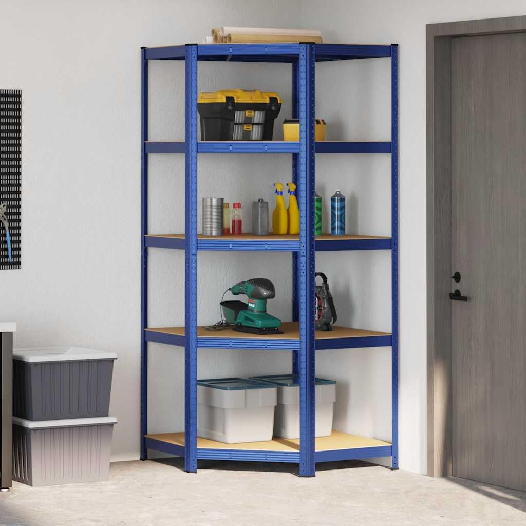 Scaffale angolare con 5 ripiani blu in acciaio e legno per garage