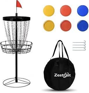 ZestOut Portable Disc Golf Basket: Heavy Duty 24-Chain Target with 6 Discs, Carry Bag & Ground Stakes for All Skill Levels