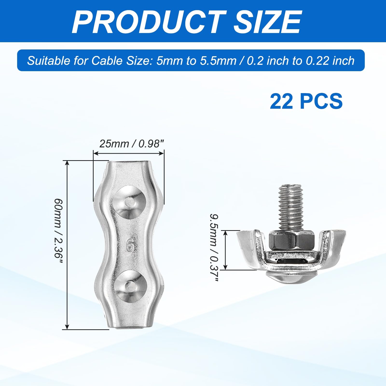 QUARKZMAN M6 304 Acciaio Inossidabile Doppio Morsetto Per Cavo, Fascette Di Fissaggio Per Cavo Con Diametro Da 5mm A 5.5mm, 22 Pezzi