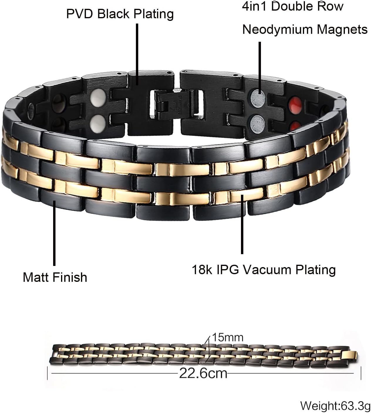 JFUME Magnetic Bracelets for Men 18K Gold Plating Double Strength Magnets and 4in1 Elements Men Bracelets 8.5inches adjustable - Image 4