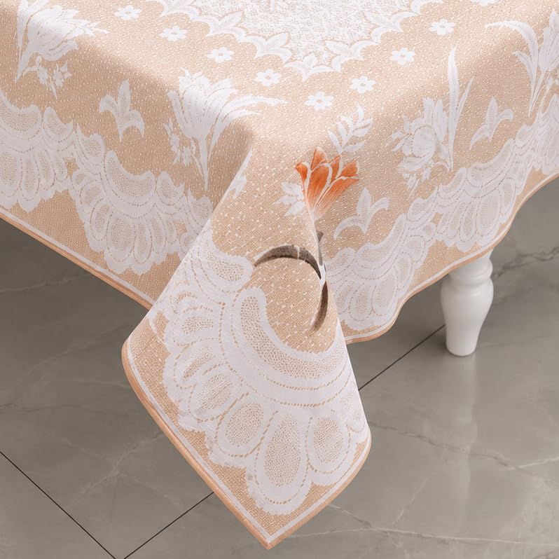 Image of STITCHNEST Florenza Beige Cotton Net Table Cover 40x60 Inches