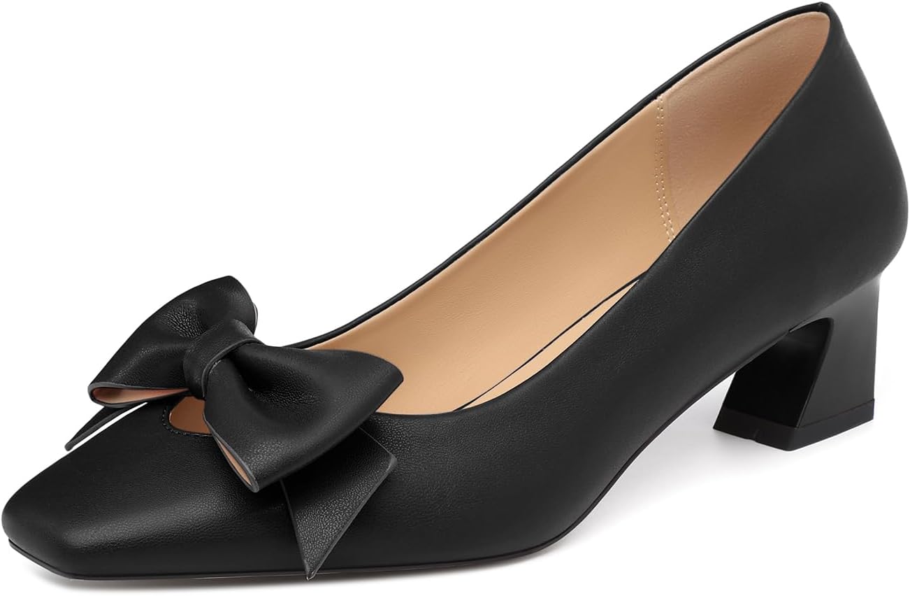 KUOARN Chunky Heels for Women Low Heel Pumps Square Closed Toe Bow Detail Dress Shoes, Comfortable Slip On Party Office Heels