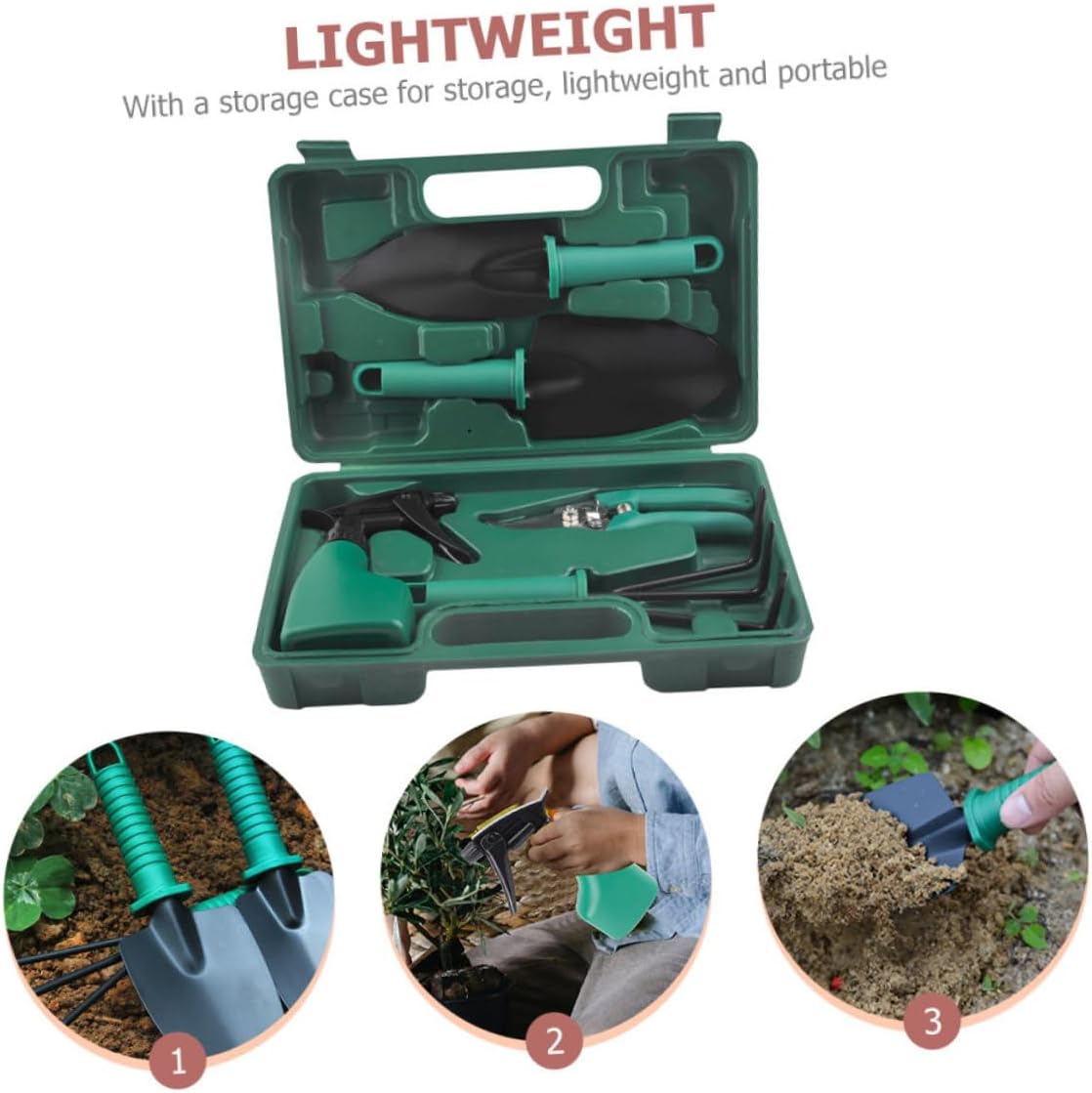 TEHAUX 5pcs Gardening Tool Set with Stainless Steel Shovel, Rake, and Pruner in Portable Carrying Case for Outdoor Planting and Garden Maintenance