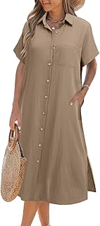 Womens Dress Summer Casual Short Sleeve Button Down Shirt Dress Beach Cover Up Dress with Pockets - Buy now