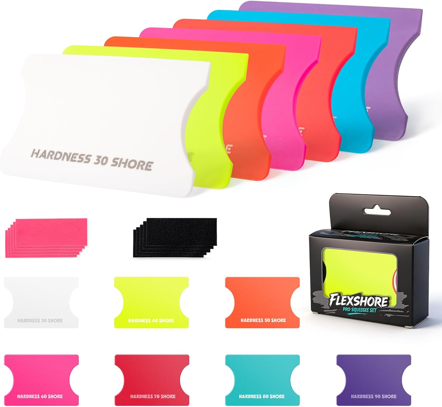 FOSHIO 7PCS 30°- 90° Hardness Vinyl Wrap Squeegee Kit with 10PCS Felt Pads Scratch-Free Felt Squeegee for Vinyl Rubber Squeegee Vinyl Wrap Tools