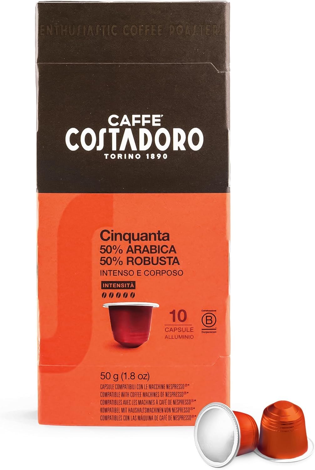Costadoro Cinquanta, 200 Cápsulas Compatibles con Cafeteras Nespresso, 50% arábica y 50% Robusta Superior, intensa y con cuerpo, 20 cajas de 10 cápsulas cada una