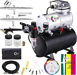 OPHIR Kit de aerógrafo profissional de 110 V, conjunto de escova de ar com tanque de ar de 3L, aerógrafos e kit de limpeza de 0,2 mm, 0,3 mm, 0,8 mm, roda colorida, compressor de aerógrafo de 1/6 HP