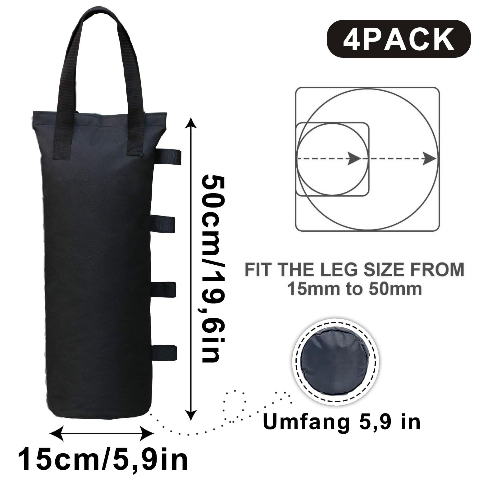 4 Sacchetti Pesi Per Gazebo - Manicotti In Tessuto 600D, Riempibili Con Sabbia, 38x34cm