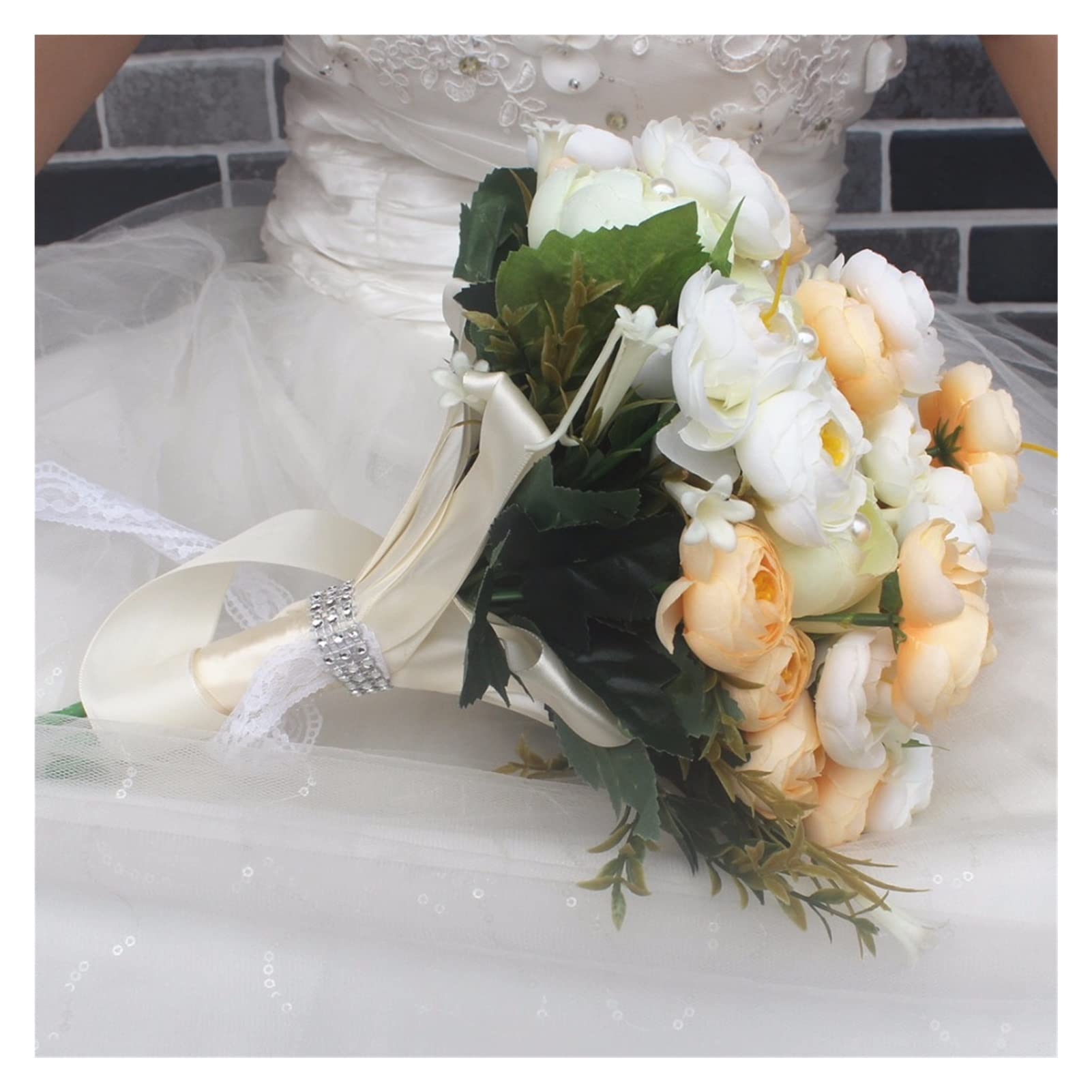 Abricot Fleurs artificielles Bouquet de mariée Bouquet Rose Pearls Plastic Bouquet 2Color (Color : 22cm Apricot)