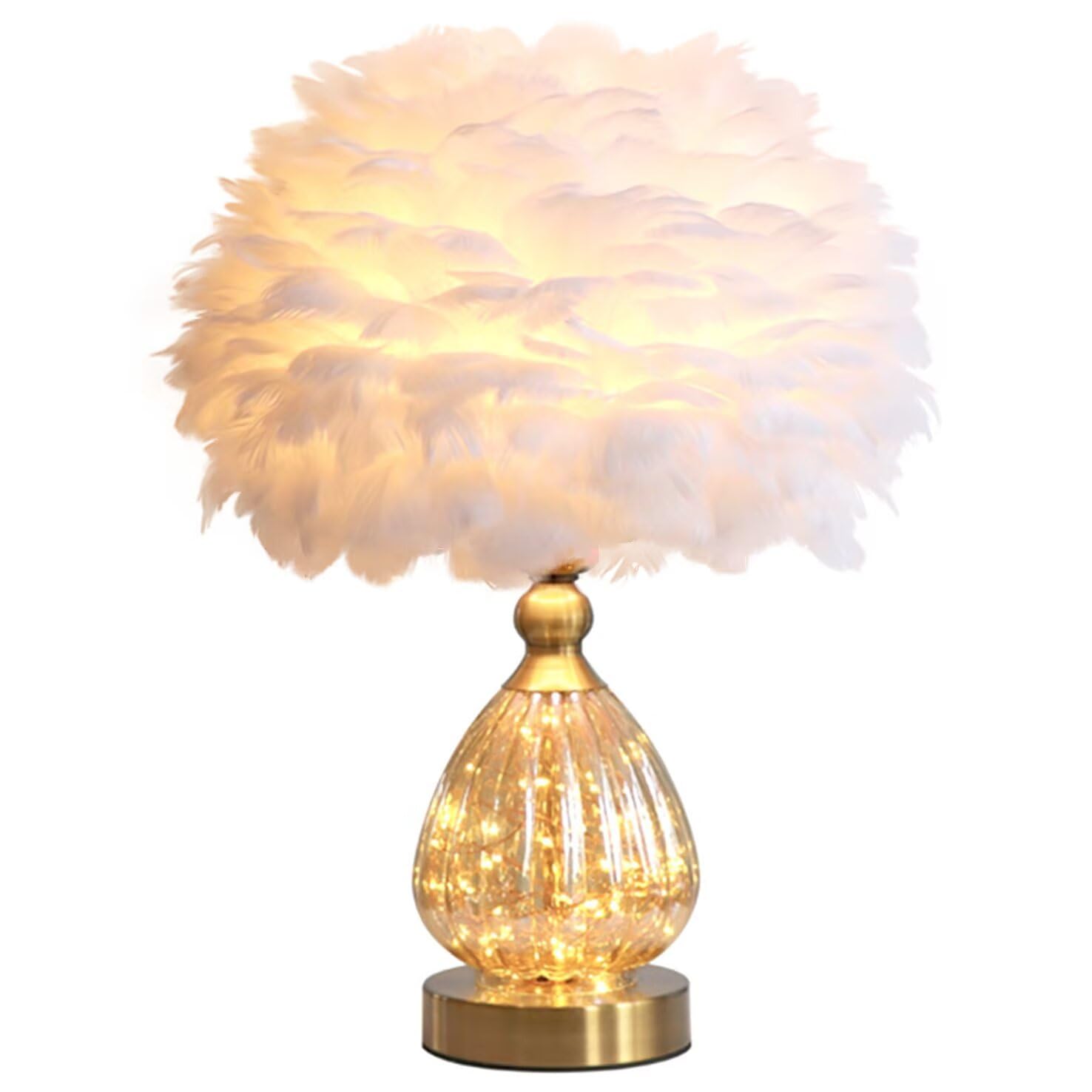 GUANSHAN Crystal Feather Table Lamp with String Lights Base Romantic Luxury Bedside Lamp Feather Table Light Desk Lampshade for Living Room, Bedroom, Wedding Gift
