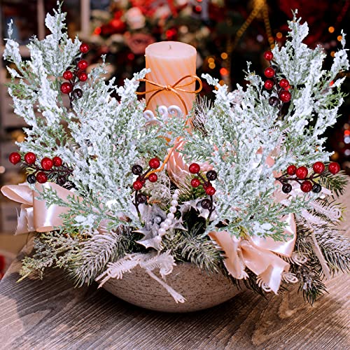Winlyn 6 Pcs Snowy Artificial Cedar Picks With Red Berries Frosted Faux Cedar Sprays Christmas Cedar Greenery Branches Stems For Christmas Tree Wreath Floral Arrangement Vase Winter Holiday Décor #TOP2