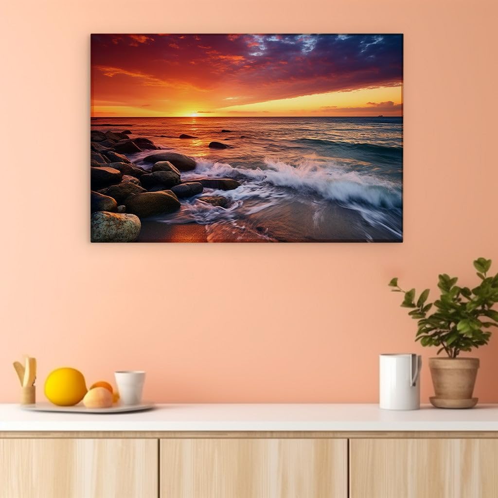 Canvas for Living room. Spectacular Seascape at Dusk - A Tapestry of Color and Motion, 27 x 18 inch Canvas Wall Art - Contemporary Masterpieces - Modern Home Decor