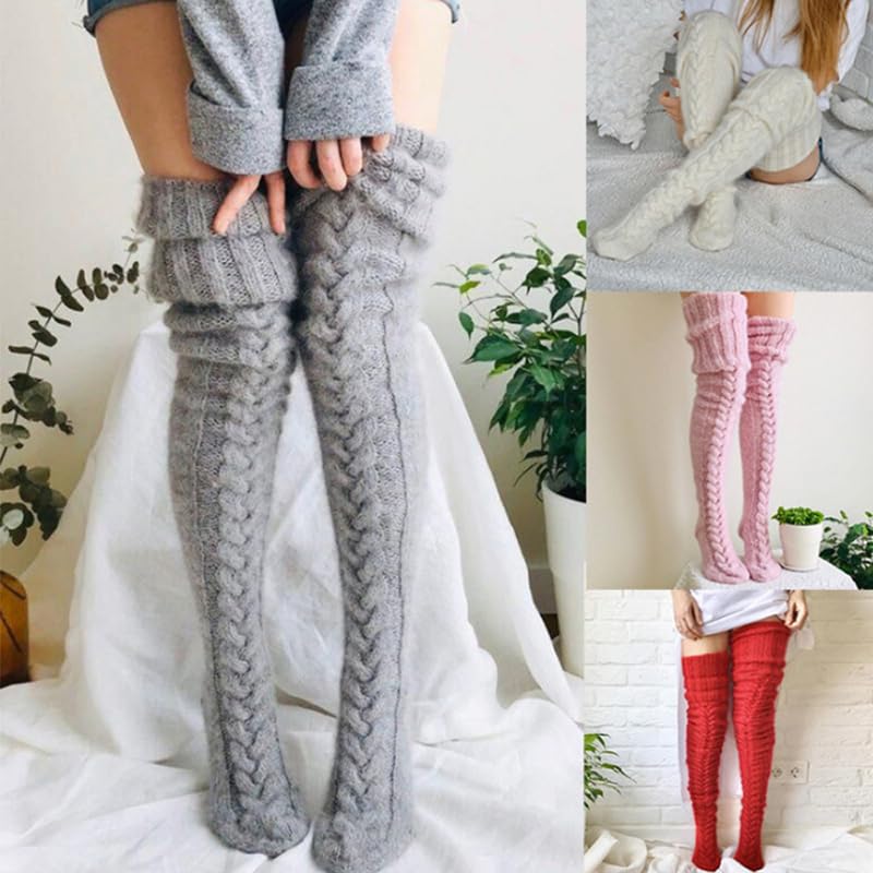 Calcetines Largos Bonitos Calentadores de piernas de Punto de Lana Medias de pie otoño Invierno Mujer hasta la Rodilla Ocio Suelto(White,105CM)