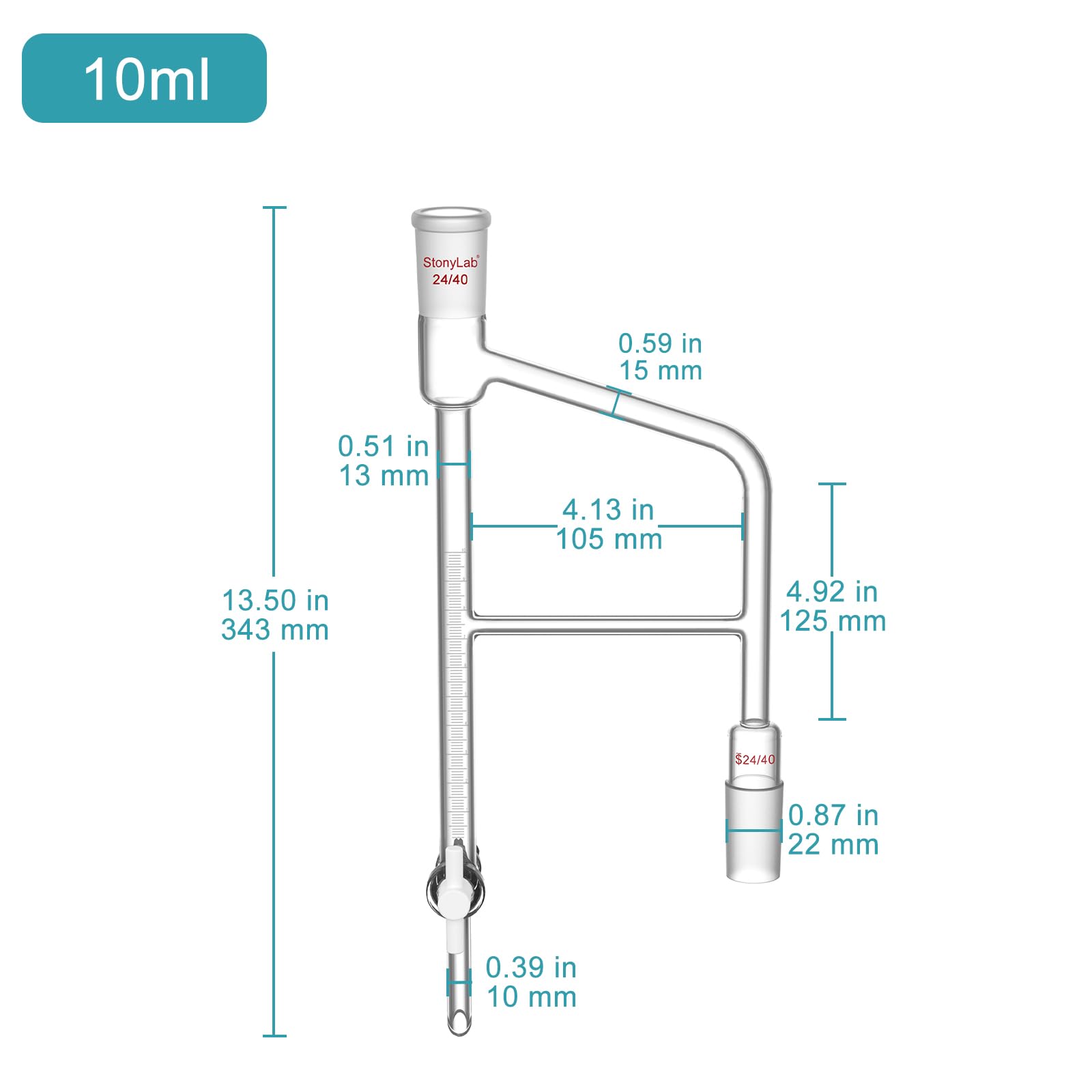 stonylab Trappola Dean Stark, Ricevitore di Distillazione in Vetro Borosilicato Graduato con Giunti 24/40 e Rubinetto in PTFE per Laboratorio, 10 ml