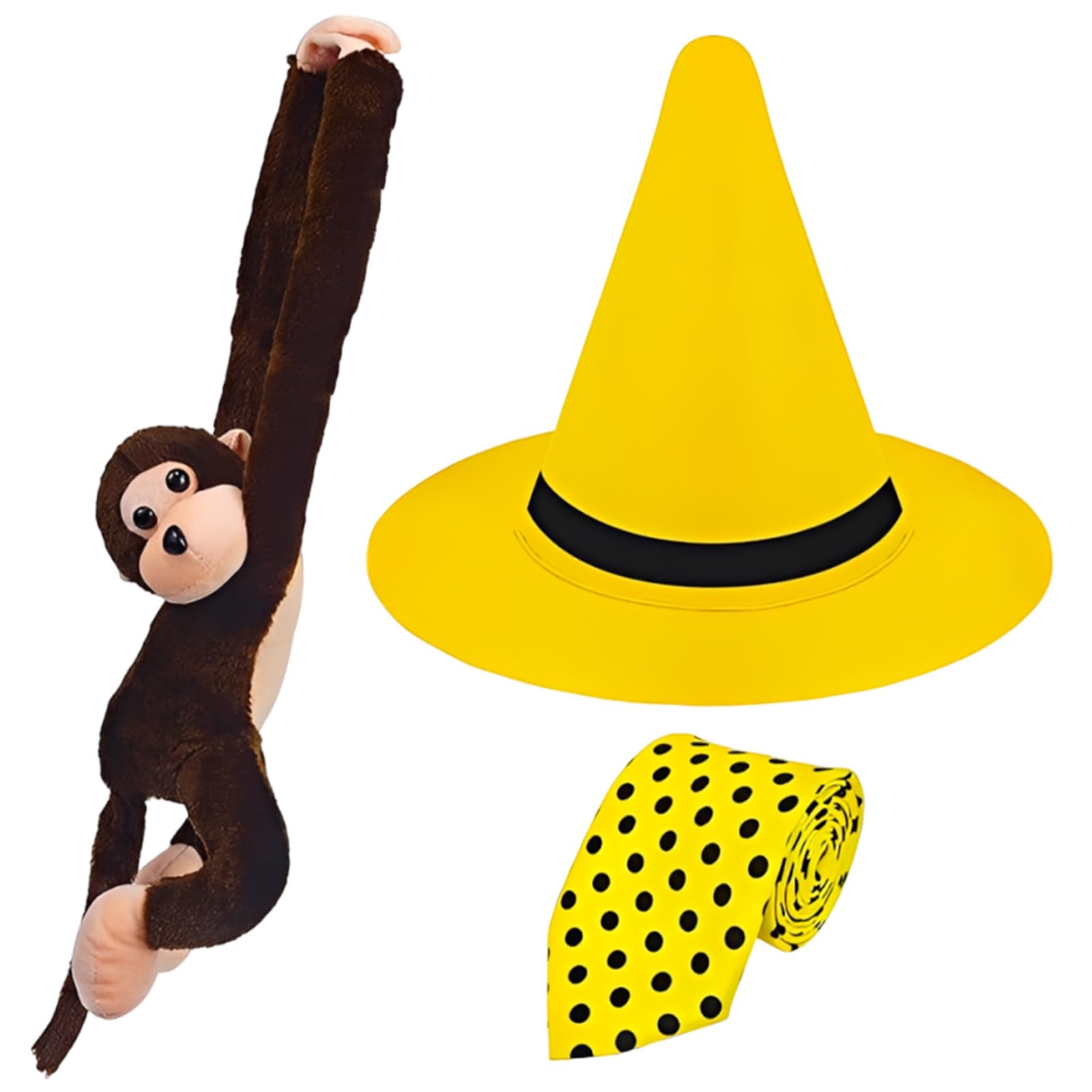 ZPSCXQ Curious George Costume, Yellow Hat With Polka Dot Tie And Monkey Companion For Halloween Cosplay, Adult Themed Party Outfit, Three Piece Set With Yellow Pointy Hat