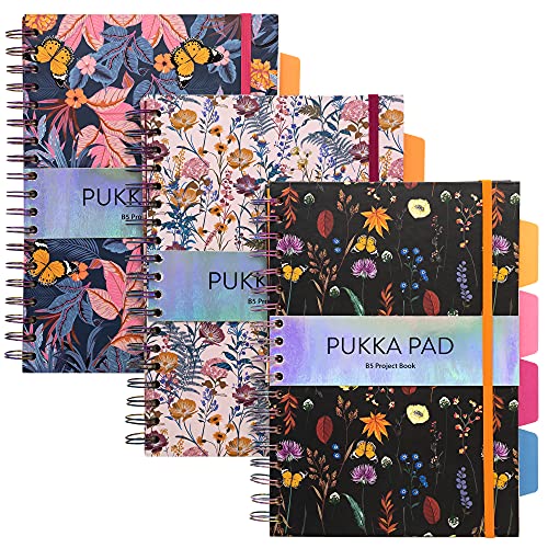 Image of Pukka Pad Bloom B5 Hardcover Ruled Single Line Subject Project Book 200 Pages 80gsm Pack of 3 Black Blue Cream Covers