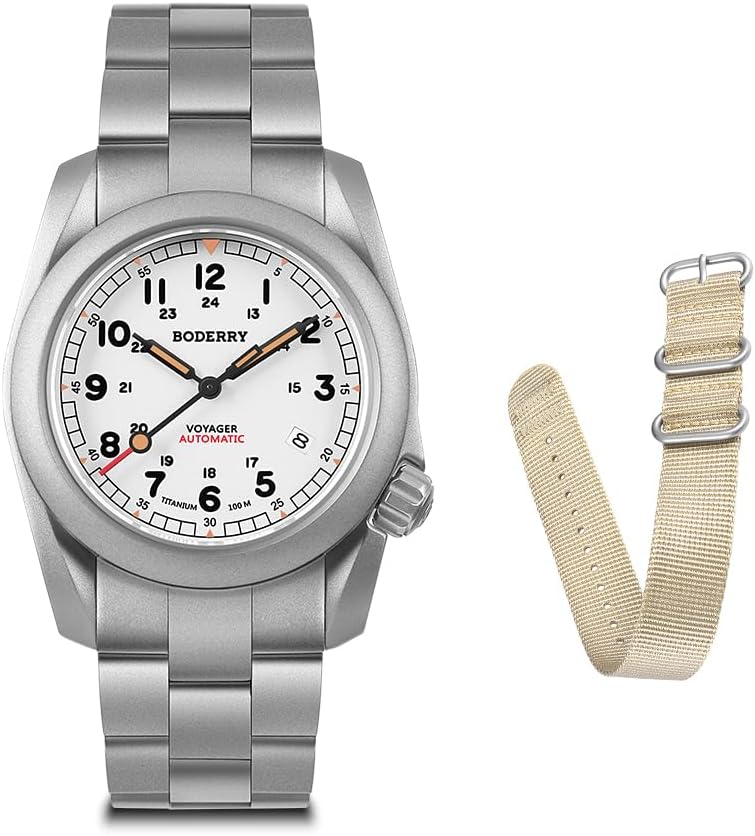 Men's Watch Titanium Automatic Field Watch 40mm Military Watch Day Date Function 100M Waterproof with Titanium Bracelet Japanese Mechanical Movement & Screw Down Crown—Voyager